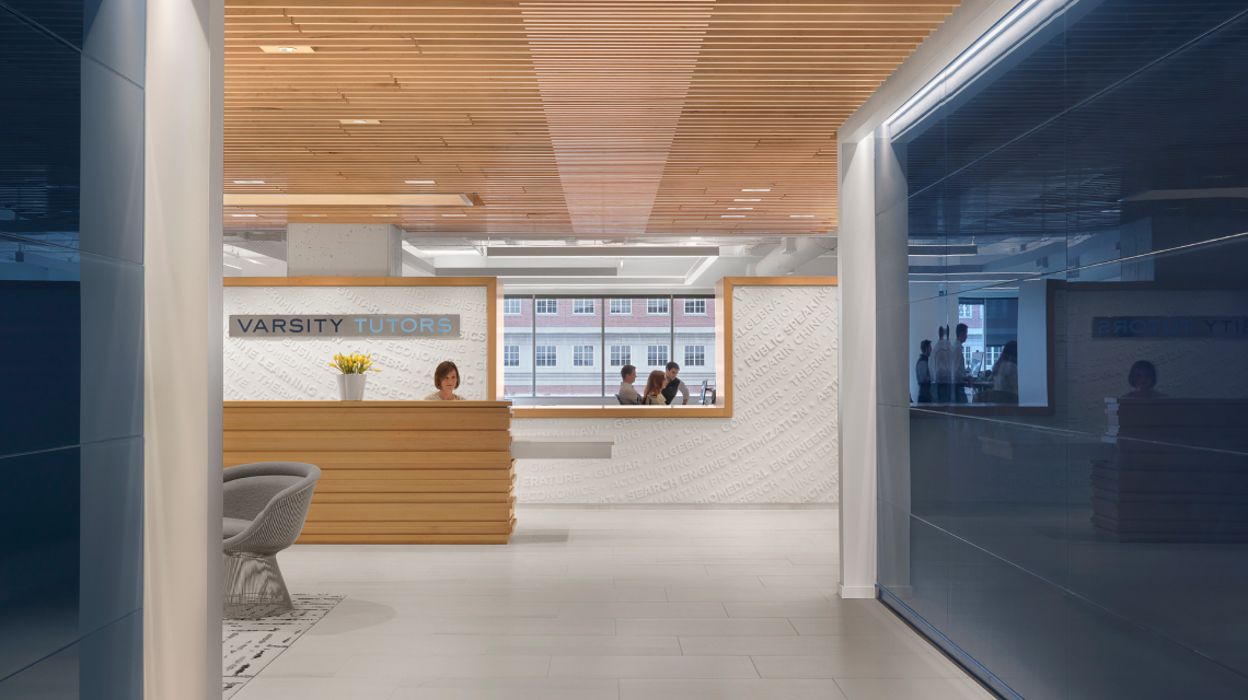 a lobby with information desk